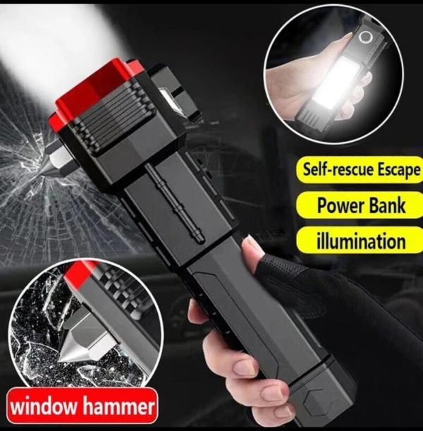 Rechargeable LED Flashlight with Safety Hammer & Power Bank